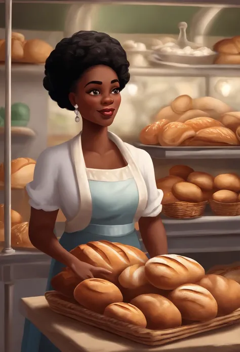 Personagem de desenho animado de um homem negro, meio gordinho, pouco cabelo vestido de padeiro, With bread in hand, Com uma mulher branca, baixa estatura, gordinha, vestida de padeiro. Bakery scenery, em 3D.