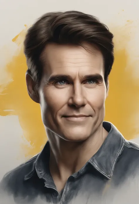 Um retrato frontal de um adolescente charmoso e alegre que se parece com Jim Carrey e Tom Cruise filho, Illuminated by soft yellow studio lighting, vestindo uma camiseta preta contra um fundo cinza, renderizado no estilo da Disney Pixar, Luminismo, arte po...