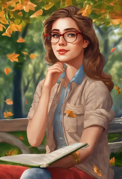 The prompt for Stable Diffusion:

A woman with short brown hair, in a masculine style, wearing red eyeglasses, dressed in casual clothing, sitting in a park.

Materials: Illustration, with a touch of oil painting.

Additional details: The park is filled wi...