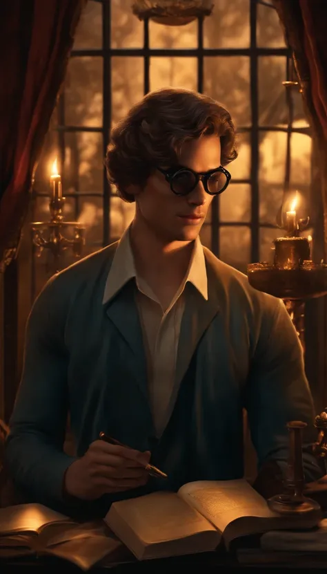 Um belo escritor masculino , with depression , wearing goggles , em um quarto escuro cercado por livros , lit by candle light , Beautiful photorealistic illustration , detalhes intrincados, olhar para frente, olhando para mim