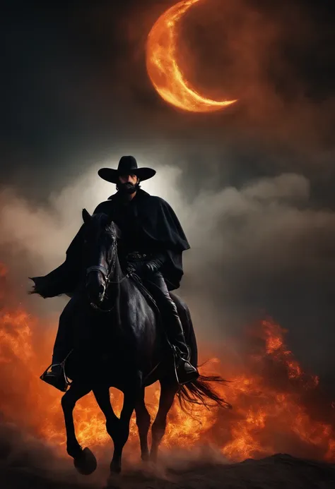 "Man with a big black hat, a wide black cloak, wearing black clothes, with flaming eyes, riding a black horse with fiery eyes, on the moon."