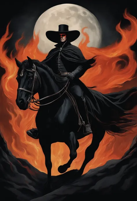 "Man with a big black hat, a wide black cloak, wearing black clothes, with flaming eyes, riding a black horse with fiery eyes, on the moon."