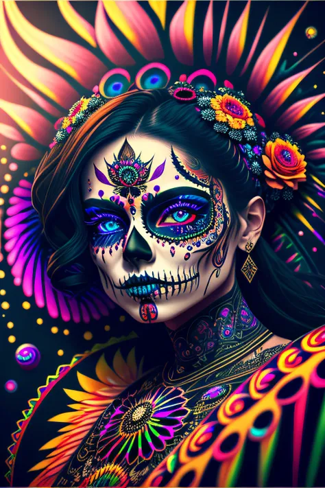 in a psychedelic and chiness style a representation of the Day of the Dead on a beautifull female face ,magnificent and detailed. Lots of texture and an whirlwind explosion of dark powder in the background, upscale 8k