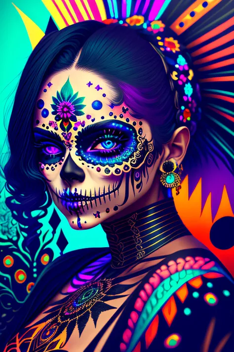 in a psychedelic and chiness style a representation of the Day of the Dead on a beautifull female face ,magnificent and detailed. Lots of texture and an whirlwind explosion of dark powder in the background, upscale 8k