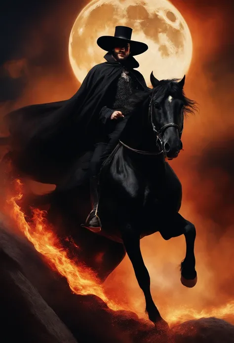 "Man with a big black hat, a wide black cloak, wearing black clothes, with flaming eyes, riding a black horse with fiery eyes, on the moon."