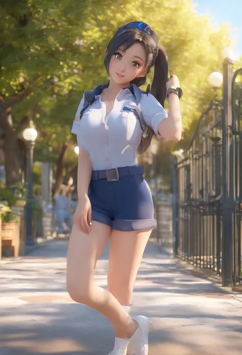 Road, police car, best quality, masterpiece, black hair,18 years old pretty girl,dark blue bloomers,white gym clothes,wearing dark blue bloomers,ass through bloomers,smile,white skin,standing,two are good friends,lesbian,flirting,hugging,laughing,shy,