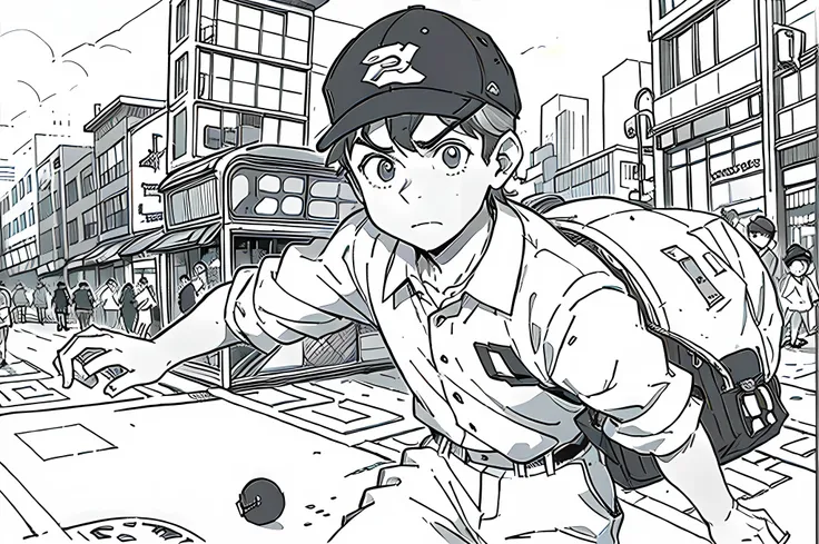 a young man delivering a package, a deliveryman uniform with a collared shirt, backpack, and baseball cap, holding a cardboard box, outdoors, urban environment, dodging pedestrians on a crowded busy street, running, (determined expression), urgency, manga ...