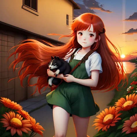 Studio ghibli style, red head girl holding a skunk, sunset, flowers, clouds