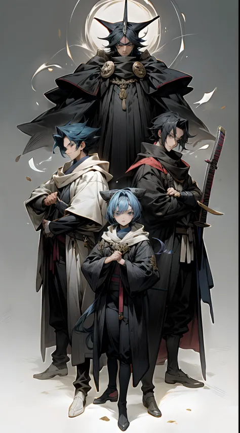 A group of three anime characters standing side by side one with a katana, one with two medieval style guns, and one with magic