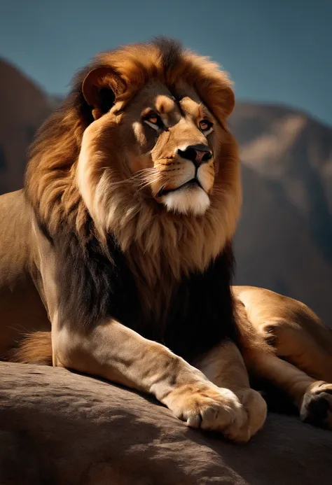 Lion with scars on his face in front of a gigantic mountain in the background, with arms crossed, Man in combat position, Quimono de jiu-jitsu, 8k, hyper realista, detalhado.