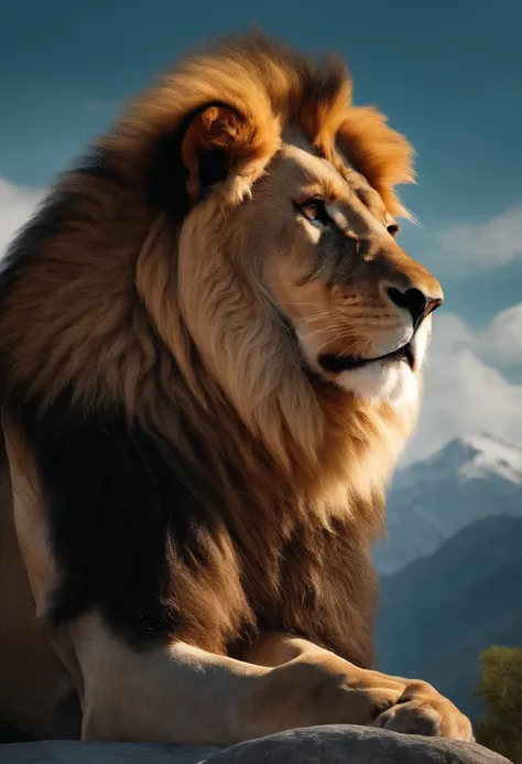 Lion with scars on his face in front of a gigantic mountain in the background, with arms crossed, Man in combat position, Quimono de jiu-jitsu, 8k, hyper realista, detalhado.