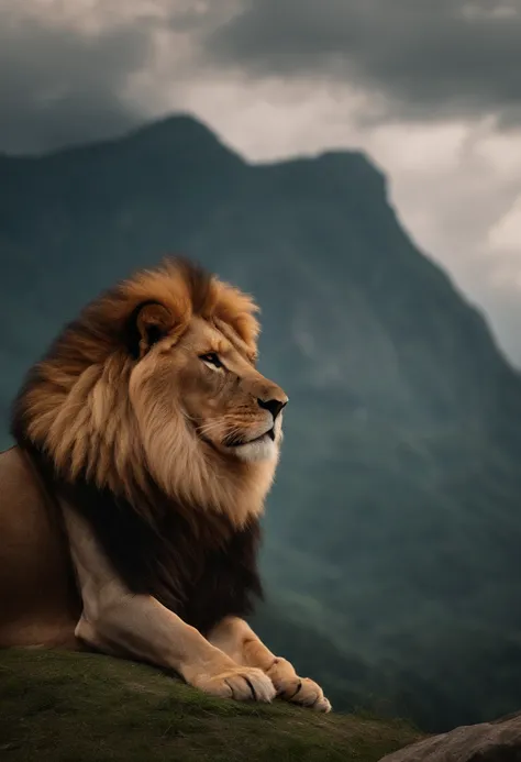 Lion with scars on his face in front of a gigantic mountain in the background, with arms crossed, Man in combat position, Quimono de jiu-jitsu, 8k, hyper realista, detalhado.