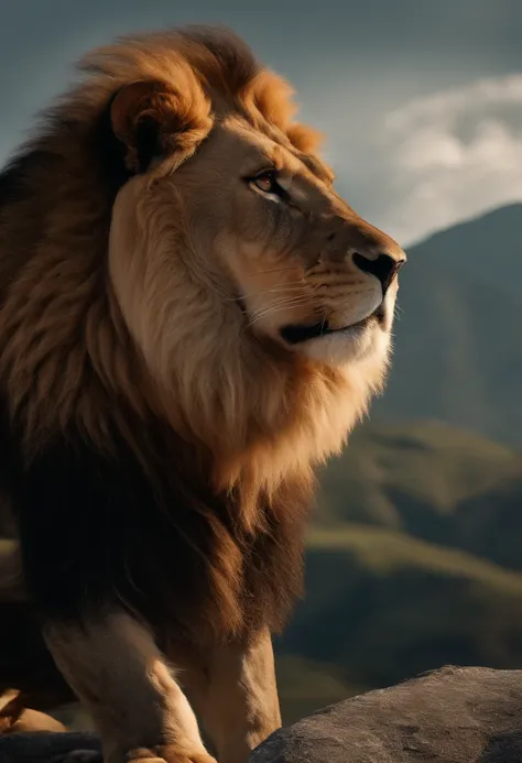 Lion with scars on his face in front of a gigantic mountain in the background, with arms crossed, Man in combat position, Quimono de jiu-jitsu, 8k, hyper realista, detalhado.