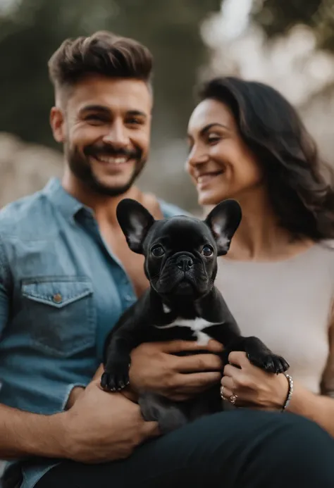 Pixar. Couple with a puppy Black French Bulldog. A menina tem os cabelos loiros, Camiseta preta, escrito Foxthree em laranjae jeans claro. O menino de cabelos pretos, barba pequena, gordinho, olhos um pouco puxado, rosto redondo, Dark black jeans and black...