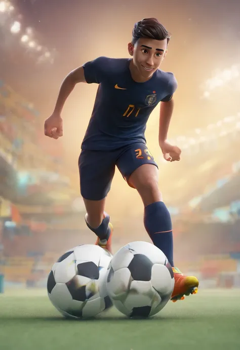 (best quality,Realistic:1.37),menino com um sorriso alegre,cabelo curto com topete o em um uniforme de futebol preto branco com o simbolo do corinthans ,Holding a ball under his arm on a soccer field,grama,clear sky,atmosfera alegre,cores vibrantes,foco ní...