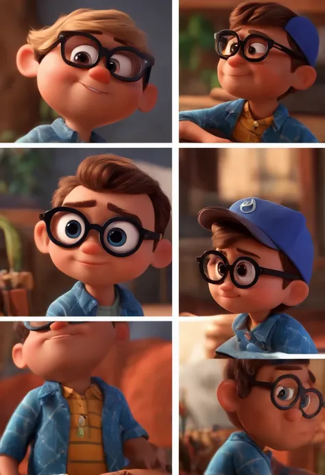 Imagem estilo Pixar com personagem 3D homem  de oculos escuro e camisa xadrez , Maquiagem Disney,Pescador, bonitinho, sorridente ,Close-up, Pixar, Disney, Cinema lighting,