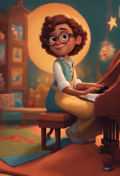 crie um banner no estilo Pixar. Um menino pele clara, wearing square glasses, de cabelos pequeno e cacheados castanhos, com roupas pretas, tocando piano