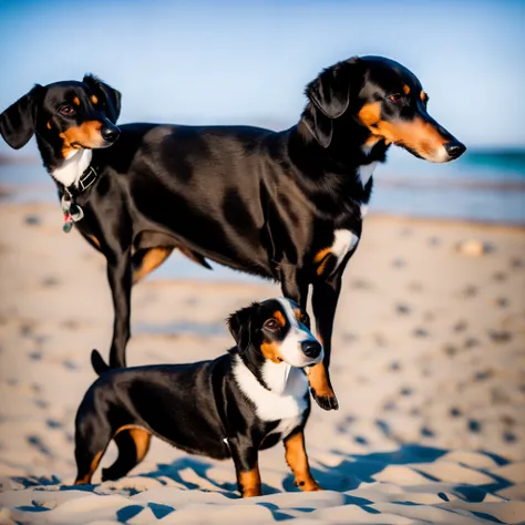 Crie uma foto de um garoto branco cabelo preto e olhos azuis de aproximadamente 5 anos segurando um cachorro daschund de cor marrom. Its sunny and its summer on the beach.