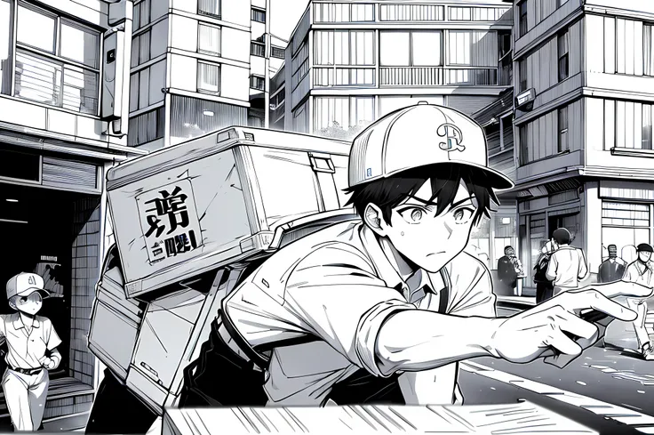 a young man delivering a package, a deliveryman uniform with a collared shirt, backpack, and baseball cap, holding a cardboard box, outdoors, urban environment, dodging pedestrians on a crowded busy street, running, (determined expression), urgency, manga ...