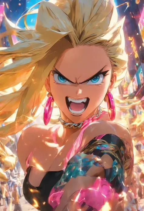 best quality, highres, and18, 1girl, android 18, solo, black hair, blue eyes, long hair, hoop earrings, chunky cuban link jewelry, mouth open, gold teeth, bottom row, medium breasts, pink , cowboy shot, street, (Externally expanded chest: 1.2) , naked