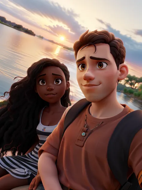 A young black woman and a young white man with brown eyes in front of a river with a sunset behind them