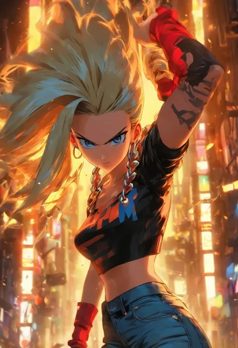 best quality, highres, and18, 1girl, android 18, solo, black hair, blue eyes, long hair, hoop earrings, chunky cuban link jewelry, leather jacket, open jacket, red shirt, jeans, medium breasts, , cowboy shot, street, (Externally expanded chest: 1.2)