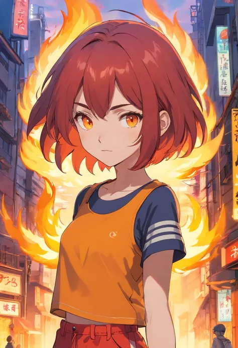 1girl, (masterpiece), fire hair, short hair, Orange eyes, Yellow top, red shorts, cyberpunk city, fire