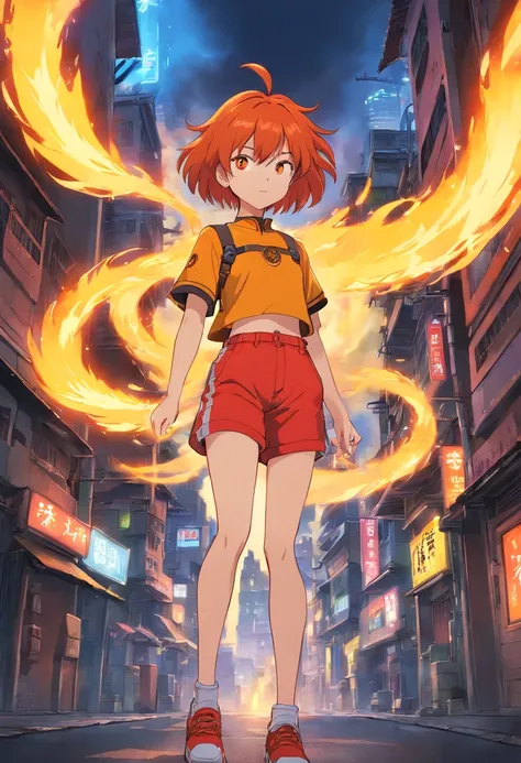 1girl, (masterpiece), fire hair, short hair, Orange eyes, Yellow top, red shorts, cyberpunk city, fire