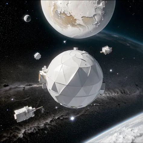 papercraft image, monochromatic white, all white, no colour, single satellite in space, over earth, stars, satellite with solar foils, no planets, no buildings