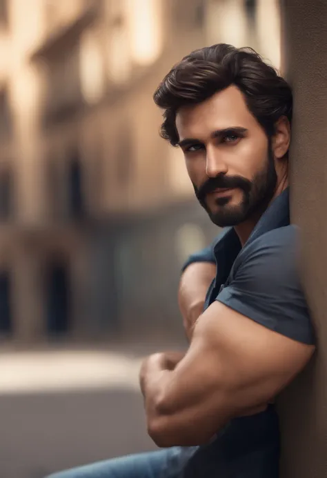 A imagem mostra um homem com barba e bigode um pouco calvo, olhos castanho claro, vestindo uma camisa branca, Do lado de fora, perto de uma cerca. He seems to be smiling and looking at the camera. The man is positioned in front of a building, And theres tr...