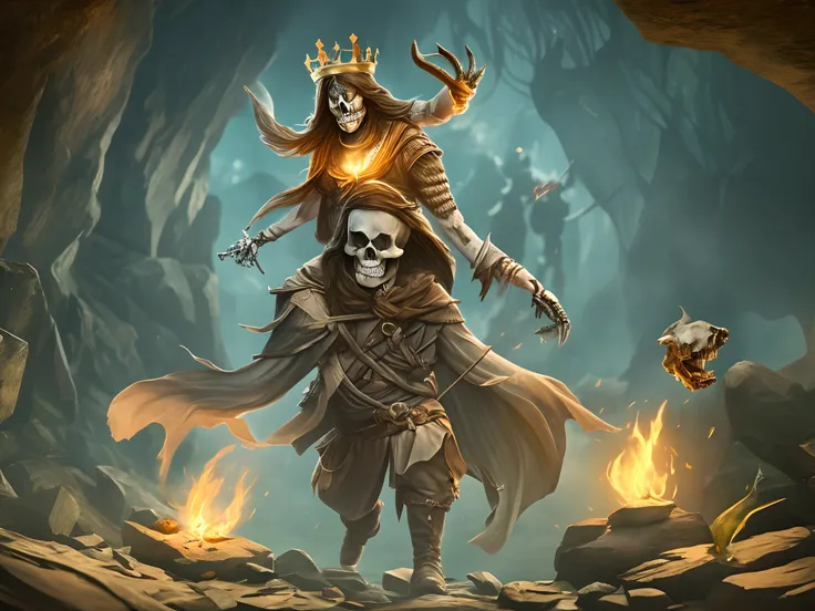 create an animated scene of a ghost with full skeleton body, eyes missing, loosy hair, wear a Viking shoot and a crown in the head  chasing a woman in the Rocky cave tomb --auto --s2