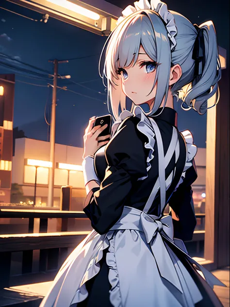 maid clothes、poneyTail、nighttime scene、Smartphone Wallpapers、ahe face