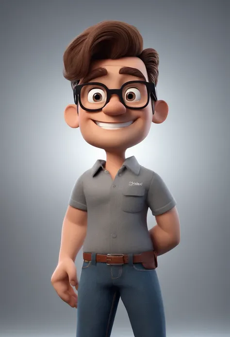 Cartoon character of a man with black glasses and a gray shirt, animation character, Caractere estilizado, animation style rendering, 3D estilizado, Arnold Maya render, 3 d render stylized, toon render keyshot, Personagem 3D, Personagem 3D, 3d rendering st...