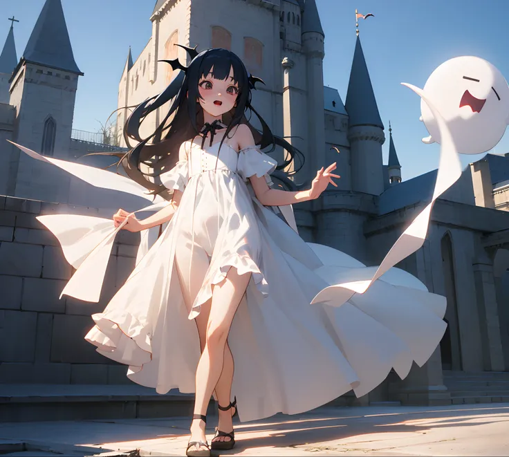 Realistic 3d Style anime and manga 2 vampire girls in ghotic transparent dress, in a castle