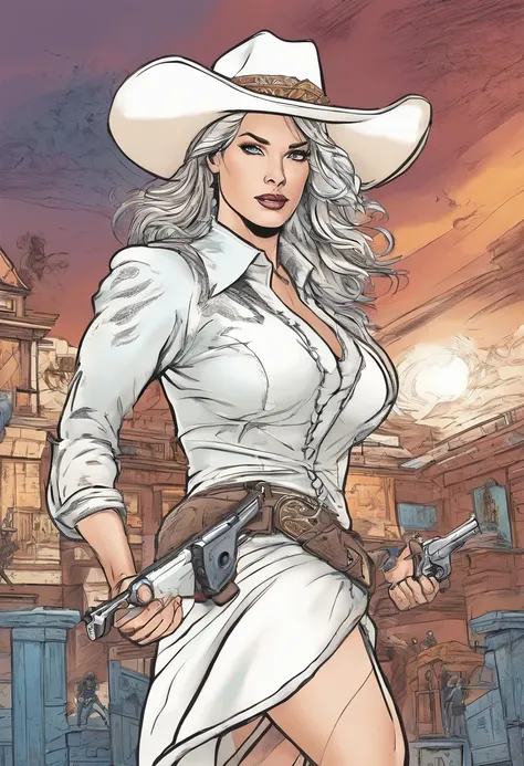 Action scene in a Western movie, Alissa White-Gluz com cabelo azul, vestido com um casaco branco de trincheira, blouse and cowboy hat enters a hall with drawing pistols ((apontou para o espectador)). corpo inteiro