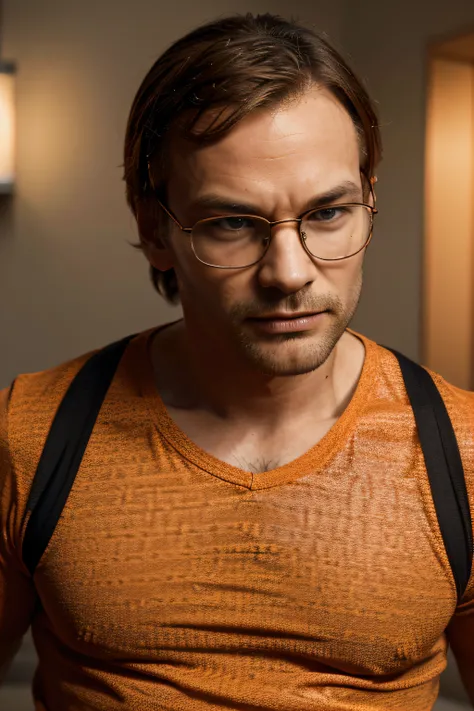 Jeffrey dahmer, Une photo dhomme avec des lunettes, (riant:1.3), chemise orange, Detailed face, Regarder le spectateur, (Haut du corps:1.3), (High detail), tranchant, 8k,