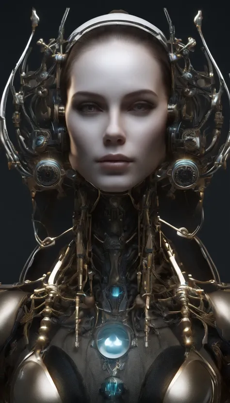 1girl em,female,Super Detailed Complex 3D Rendering Porcelain Profile Female Face Android, Ciborgues, Robot Parts, 150mm, Beautiful soft studio lights, Luzes de aro, vivid details, lindo cyberpunk, Corrida, surreal, Anatomical , face muscles, fios de cabos...