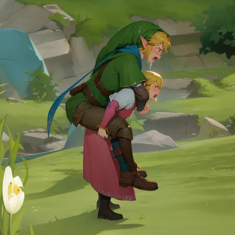 piggyback ride, size difference, struggling, angry, crying, zelda, link, white skin,