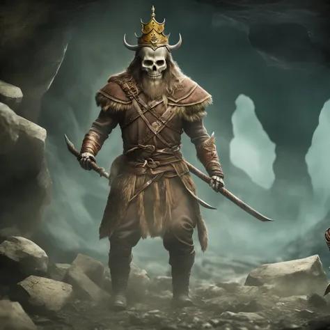 create an animated scene of a ghost with full skeleton body, eyes missing, loosy hair, wear a Viking shoot and a crown in the head  chasing a woman in the Rocky cave tomb --auto --s2