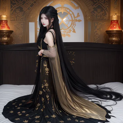 （Top image quality,top-quality,Top resolution,hyper realistic photography,Full body photo,​masterpiece,）1 girl、Very long black hair、very large amount of hair、hair length about 3 meters、Wearing underwear made of hair、Head-to-toe photo、Super Super Long Hair、...