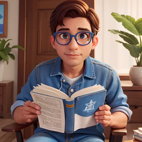 Homem jovem de 35 anos olhos pretos, Eyeglasses, Reading a book in a vibrant setting, realista, estilo Disney Pixar, gordinha, Wears a denim blouse and jeans