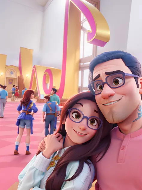 Casal (homem moreno e mulher branca) no estilo Disney Pixar, alta qualidade, melhor qualidade.