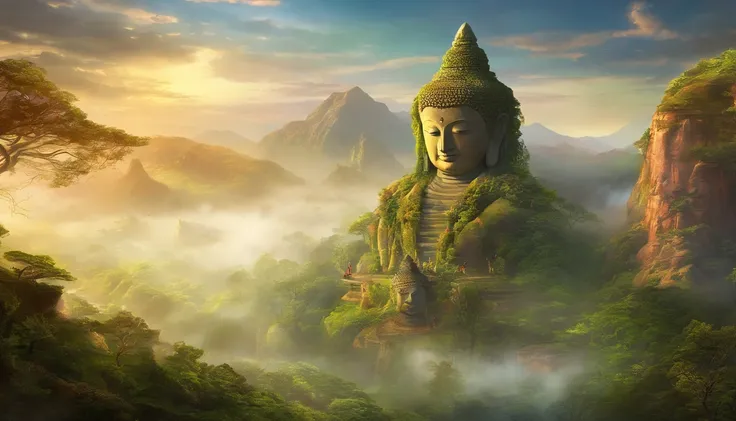 Realistic depiction of the Leshan Buddha, Blend seamlessly with nature, surrealismo, Ultra detallado, fotorrealista:1.37, Renderizado 3D, cinematography lighting, Luz divina, ultra-high def, Obra maestra:1.2, piel texturizada, La mejor calidad, High resolu...