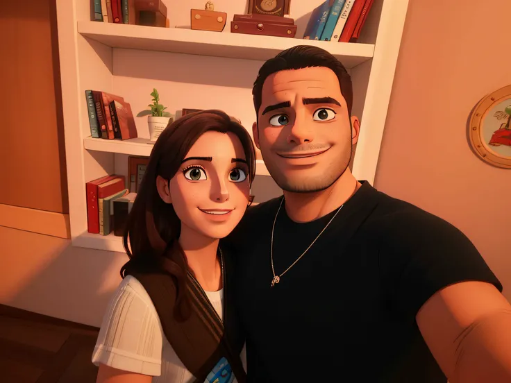 Theres a man and a woman taking a selfie in front of a bookshelf, Directed by: Nandor Soldier, Lovely couple, imagem de qualidade muito baixa, Retrato tirado 8 K, Fotografia selfie 8k, they are in love, imagem de perfil, by Amelia Peláez, Fotografia tirada...