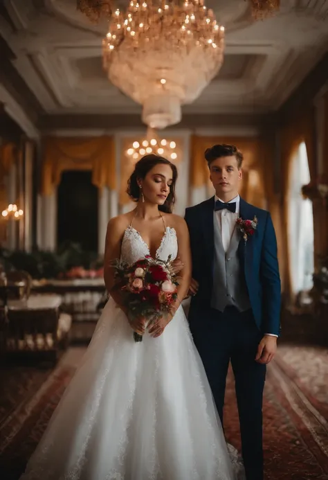 Two couple portraits of a boy holding a girl Boy in a suit Girl in wedding dress The background is the wedding room