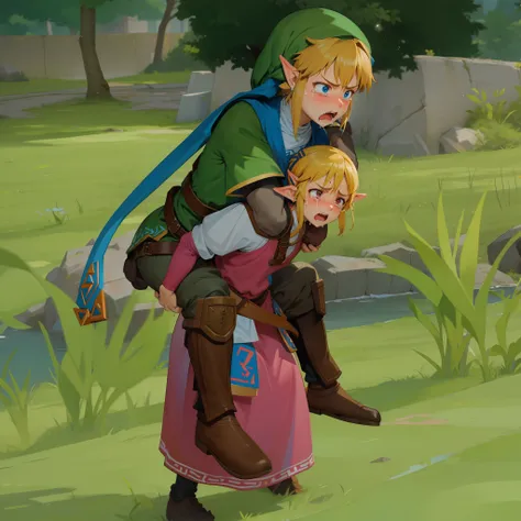 piggyback ride, size difference, struggling, angry, crying, zelda, link, white skin,