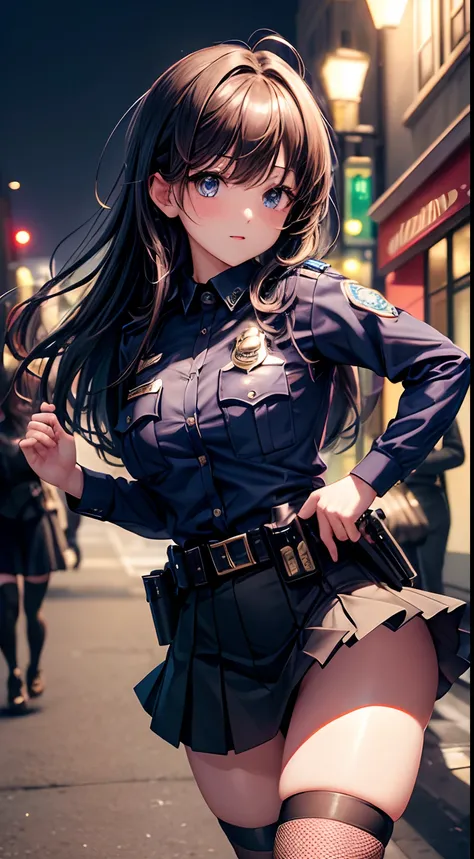 8K、​masterpiece、hight resolution、absurderes、Natural Volumetric Lighting And Best Shadows、Deep Depth Of Field、foco nítido、soft delicate beautiful attractive face、Cute girl anime appearance、length hair、medium chest、((Police officer attire、a miniskirt))、fishn...