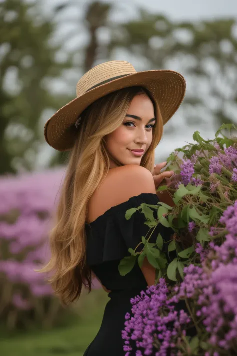 a woman in a hat standing in a field of purple flowers, with straw hat, with hat, com flores, menina loira bonita, mulher linda,...