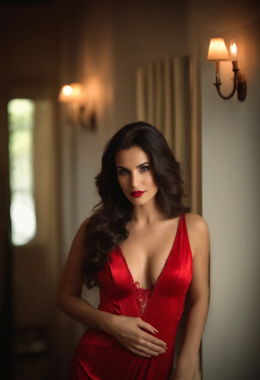 Photograph of 1 stunning 23-year-old dark-haired girl in red lingerie, Imagen de cuerpo entero, pose sensual, fotorrealista, Cinematographer, Spectacular lighting, splendid,(((Busto de la D-Cup))) escote , Lingerie photo shoot, occidental, (Obra maestra), ...