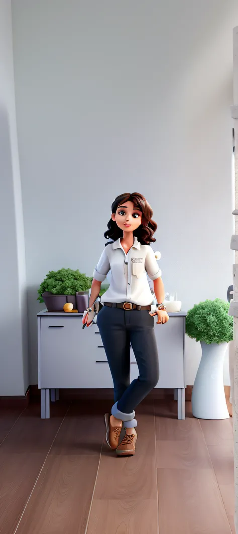 Creates a disney pixar film poster, high quality, with a young woman, dark eyes and shoulder-length hair, with some waves, informal dressing, this woman appears in a room with cakes, showing strategy and business graphs in a blackboard, teaching how to sel...